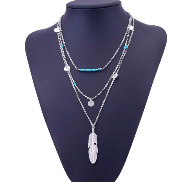 3 Layer Feather Necklace - Silver - Picture 1 of 2